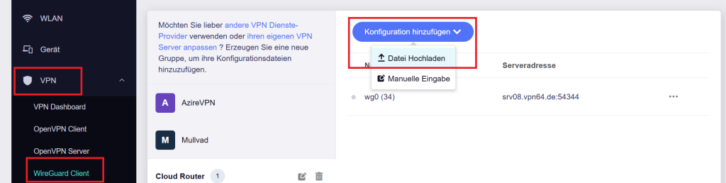 WireGuard Konfiguration in den Reise-Router einfügen