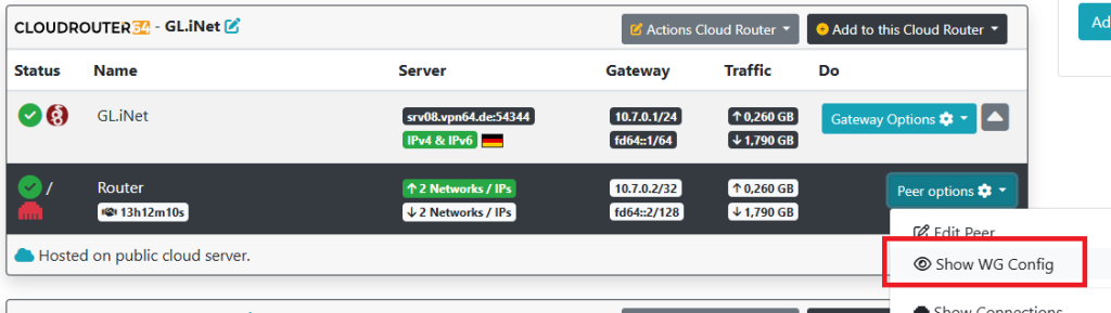 WireGuard Konfiguration beim Cloud Router anzeigen