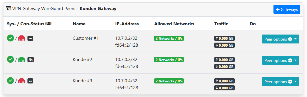 IPv64 VPN Gateway overview of clients / peers